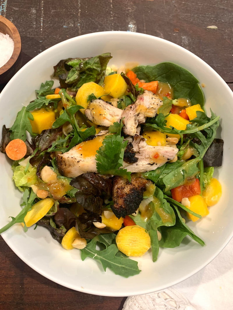 Jerk Chicken Mixed Green Salad with Apricot Pepper Vinaigrette