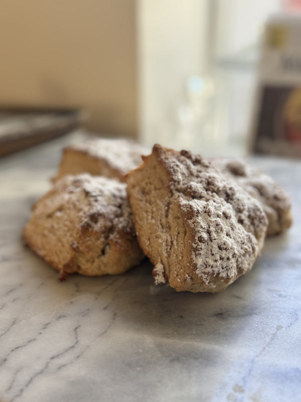 Coffee Cake Scones, powdered sugar dusted crumb top, cross-section
